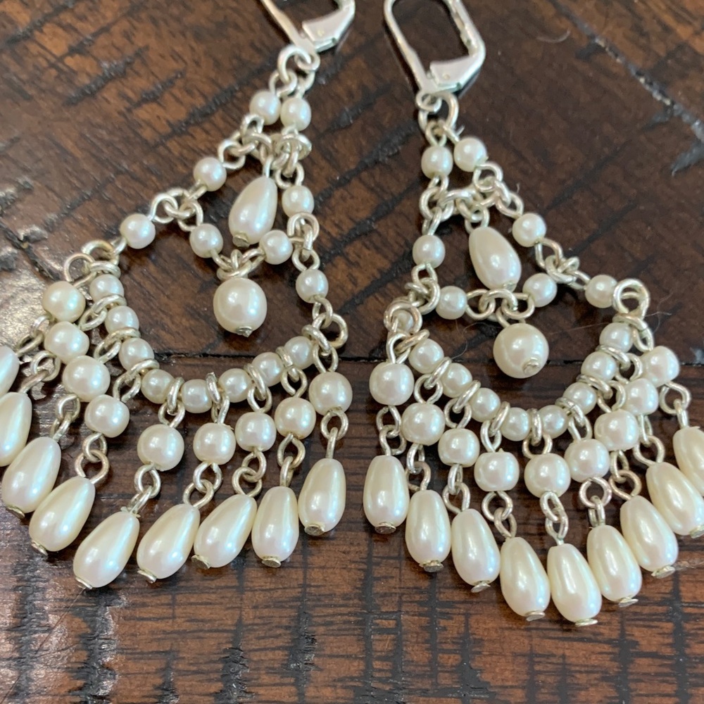 Elegant Silver and Pearl Chandelier Earrings